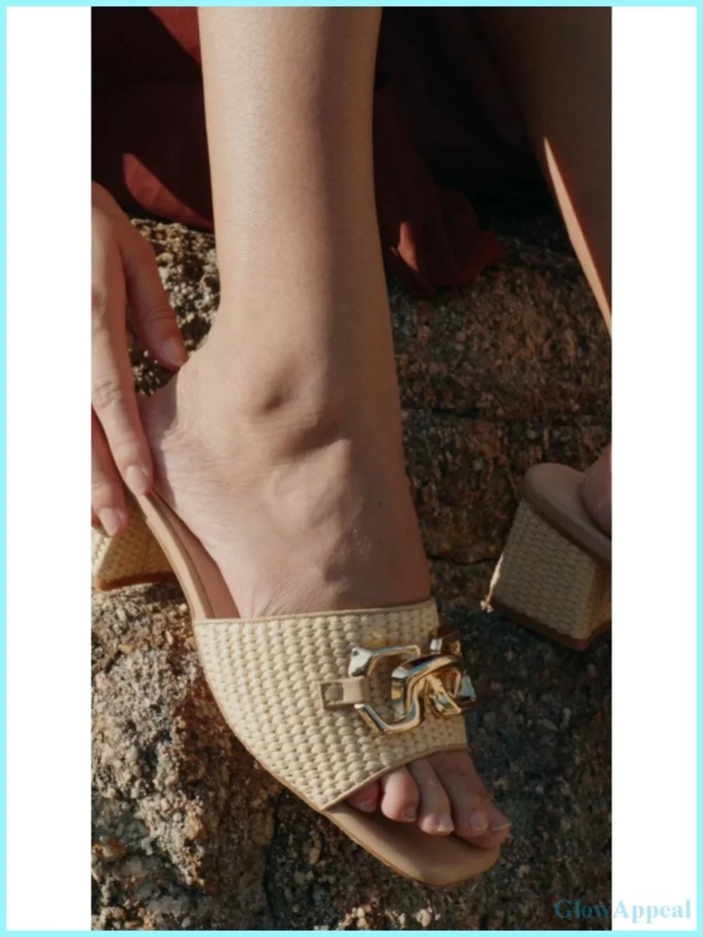 Raffia Sandals Block Heel Square Toe Metal Chain Slip On Mules Dressy